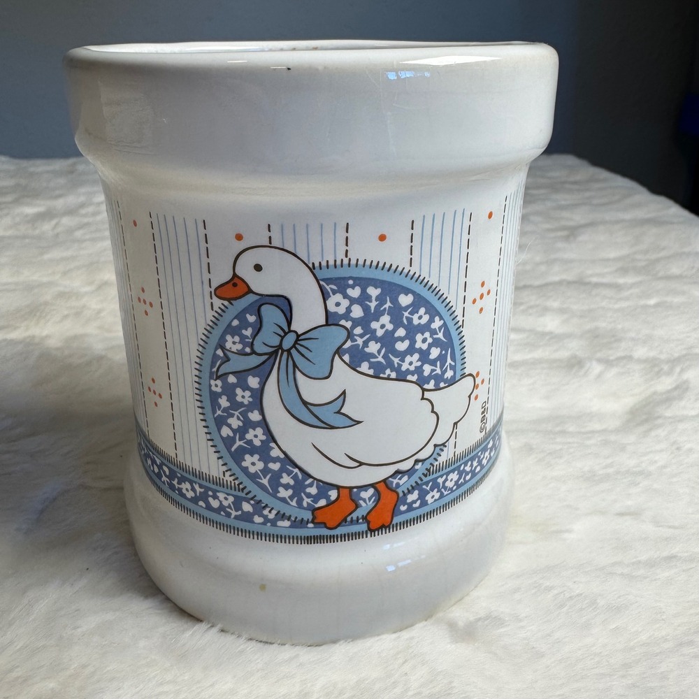 Vintage Country Goose Ceramic Utensil Holder Crock Blue White Farmhouse 16oz